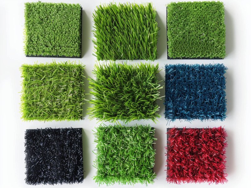 An overhead view of different types of turf flooring samples showing various pile heights and colors